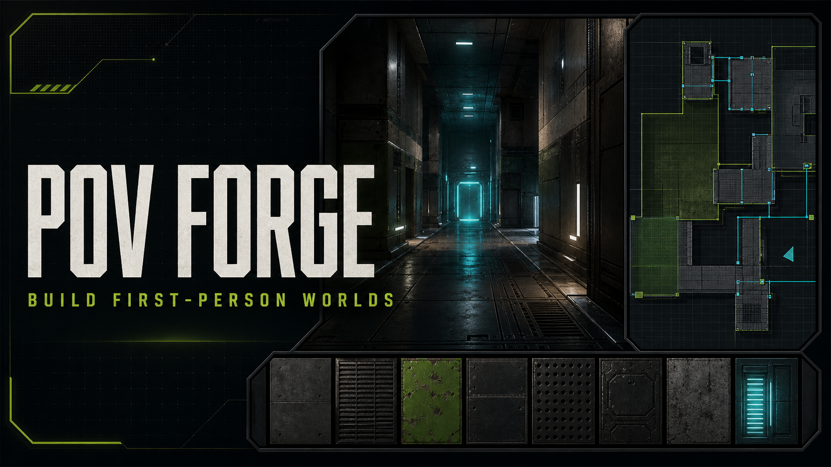POV Forge first-person game editor showing a large textured map, editable entities and playtest tools